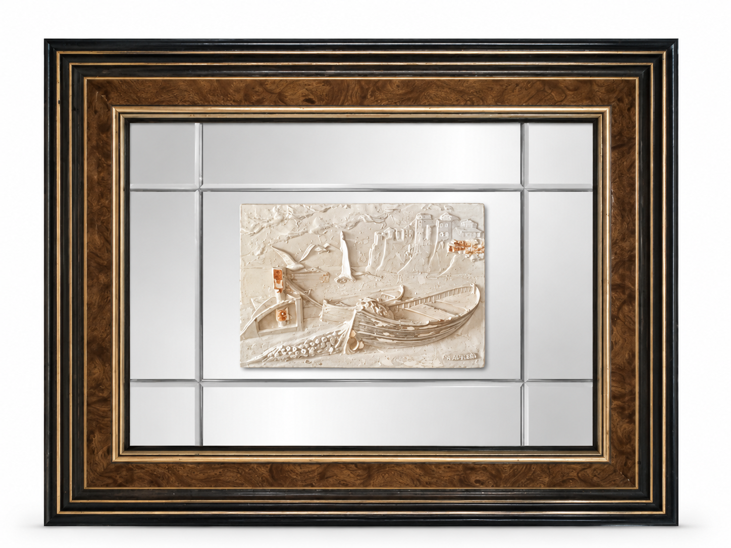 quadro decorativo con specchio e pannello centrale in rilievo